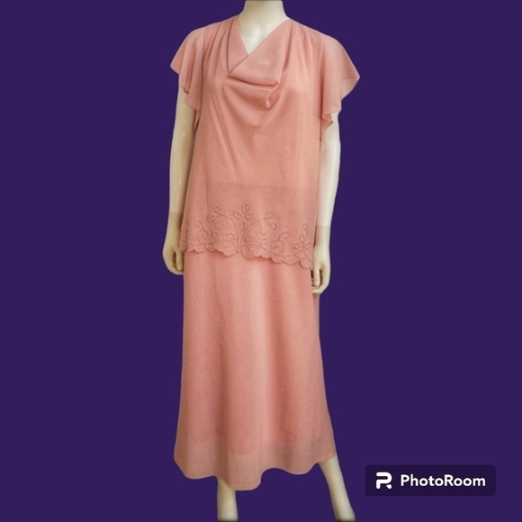 ANOTHER THYME Pink Mother of the Bride Beaded Cowl Neck Drop Waist Dress - Picture 1 of 15